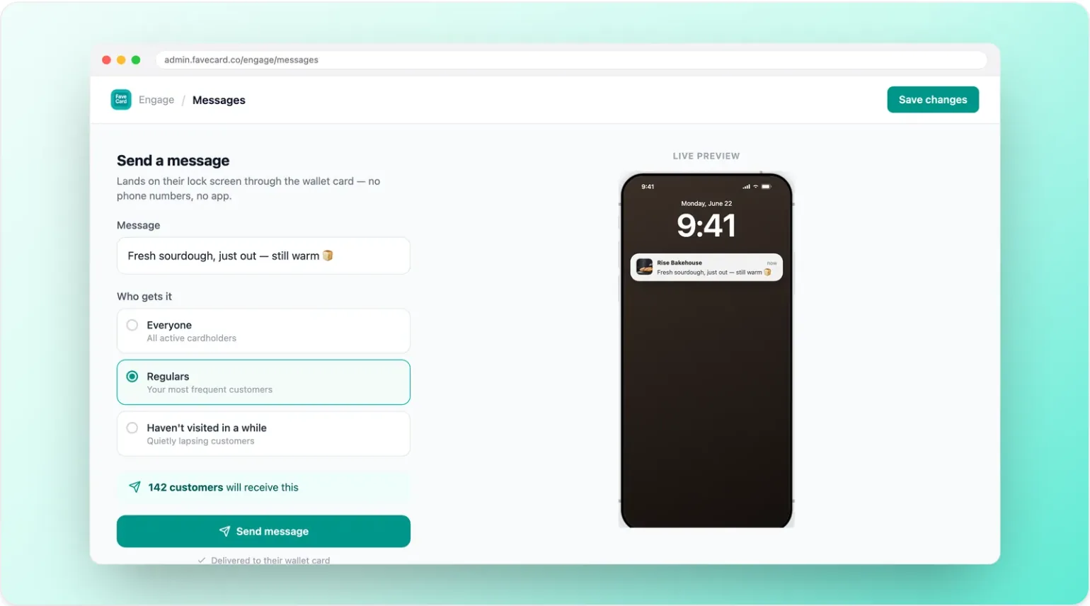 Kartenkind-Dashboard mit Nachrichteneditor, Empfängerauswahl und Vorschau auf dem Sperrbildschirm