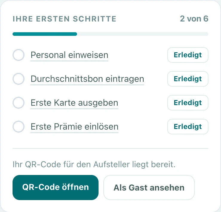 Ihre ersten Schritte: Personal einweisen, Durchschnittsbon eintragen, erste Karte ausgeben, erste Prämie einlösen