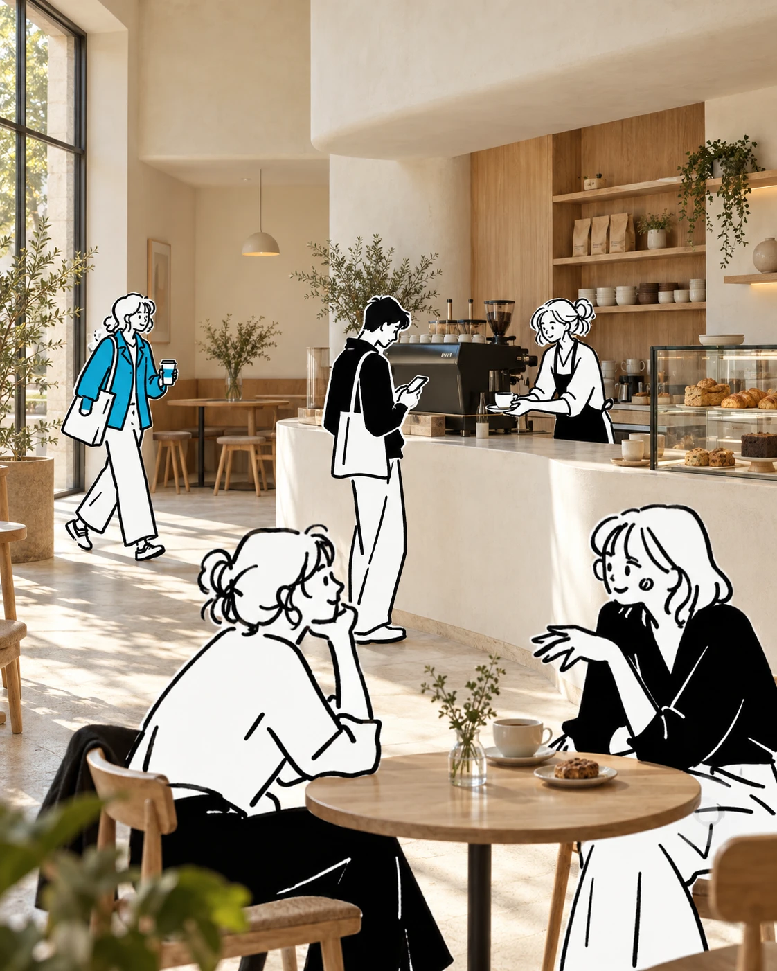 Gezeichnete Gäste in einem Café: am Tresen, am Tisch und auf dem Weg nach draußen