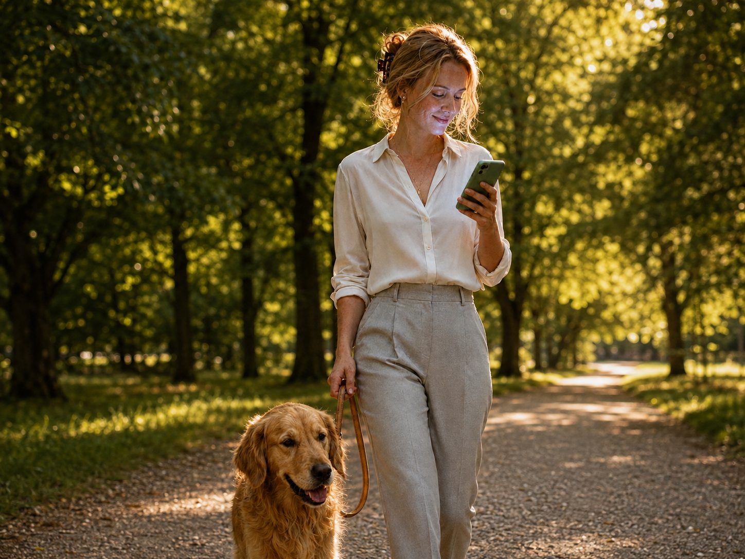 Frau beim Spaziergang mit Hund schaut auf ihr Handy