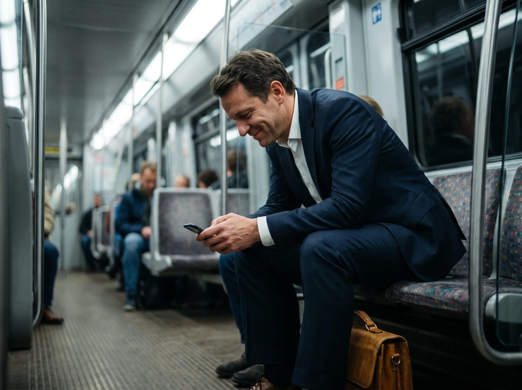 Mann in der U-Bahn schaut lächelnd auf sein Handy